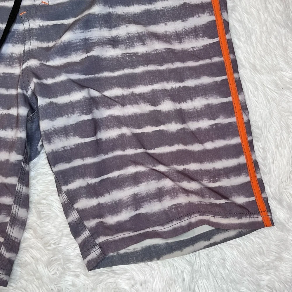 SOCIETY Of The Sun Men’s Orange Gray Striped Swim Board Shorts 36